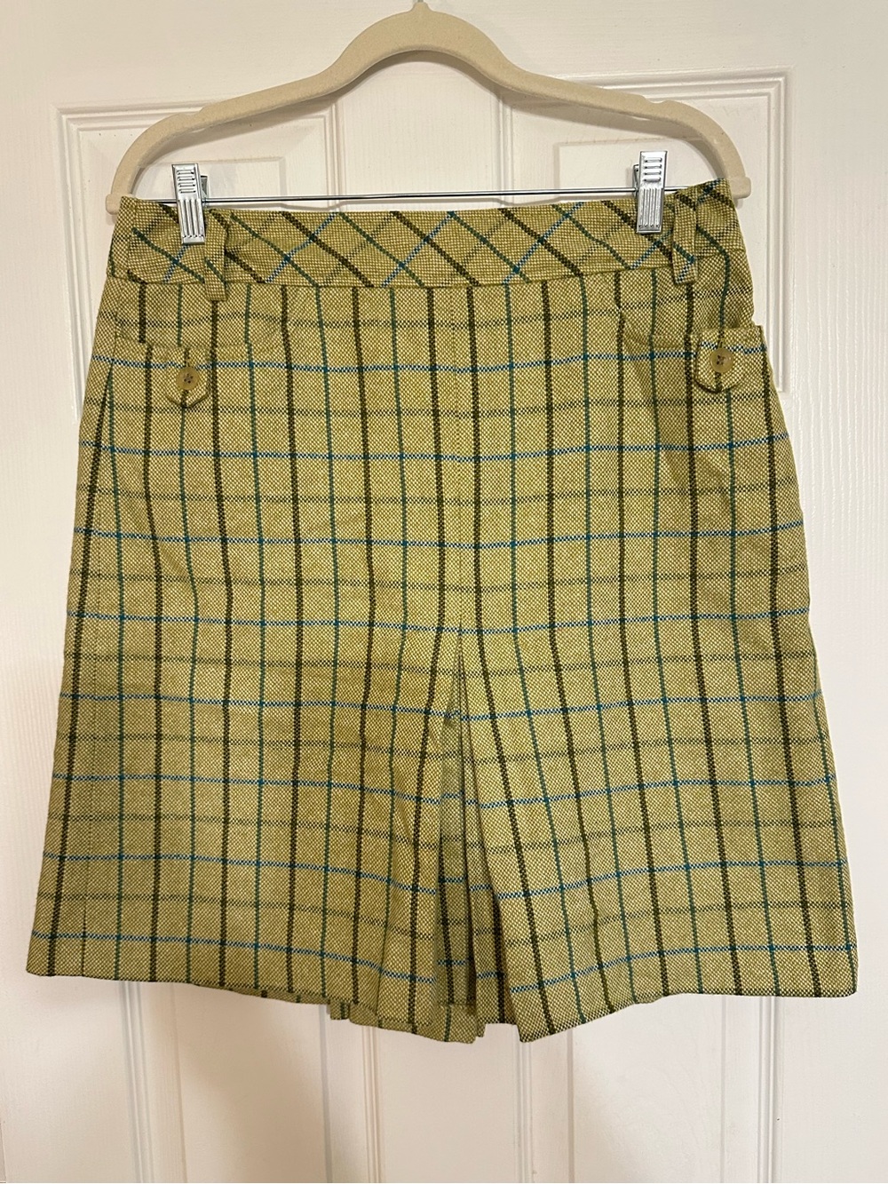 Ann Taylor LOFT Plaid Green Pleated Skirt 8 Wool Blend Twee Retro Preppy Office